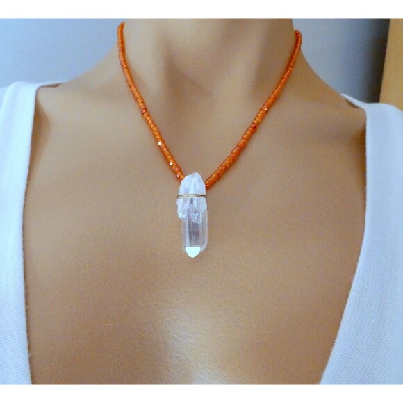 Natural Angel Aura Crystal Quartz Point  Orange Zircon Gold Fill Necklace - Picture 5 of 6